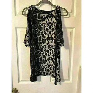 Eve & Maddie Blouse M Shortsleeve Black Gray Leopard Cold Shoulder